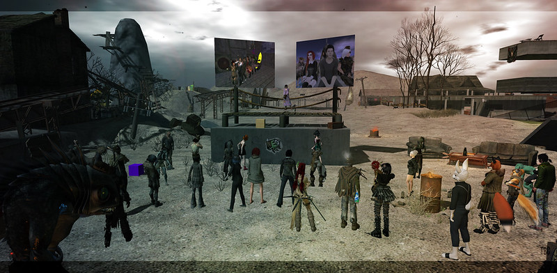 A sunset crowd shot of the avatars gathered for the memorial